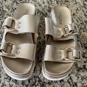 J/SLIDES Metallic Champagne Double-Buckle Platform Slides